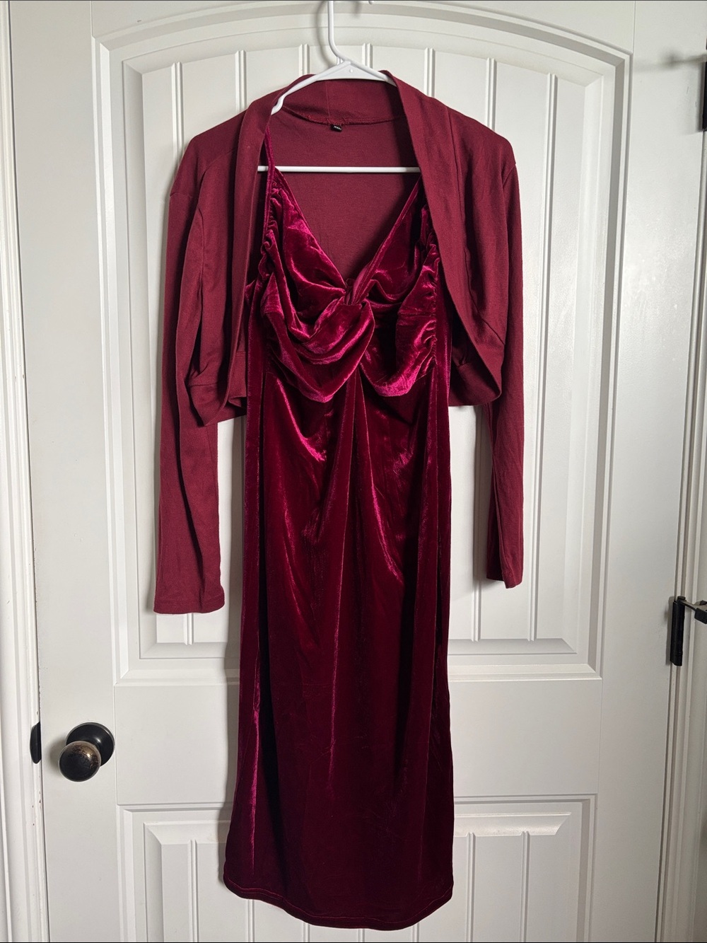 Twisted V Neck Velvet Midi Dress in Wine red